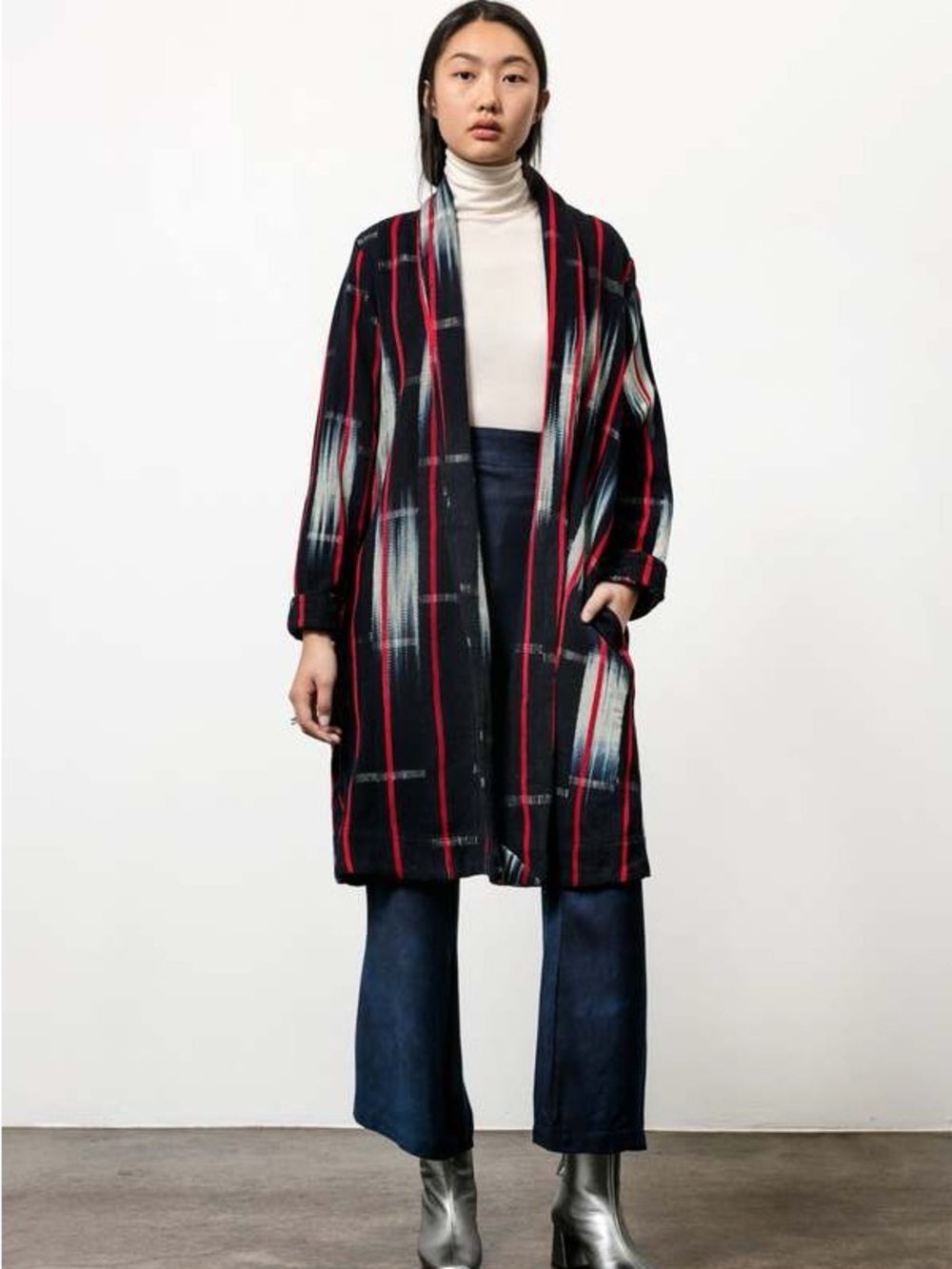 Osei Duro Theka coat- Striped Long Open Front Coatigan in Navy, Red & White